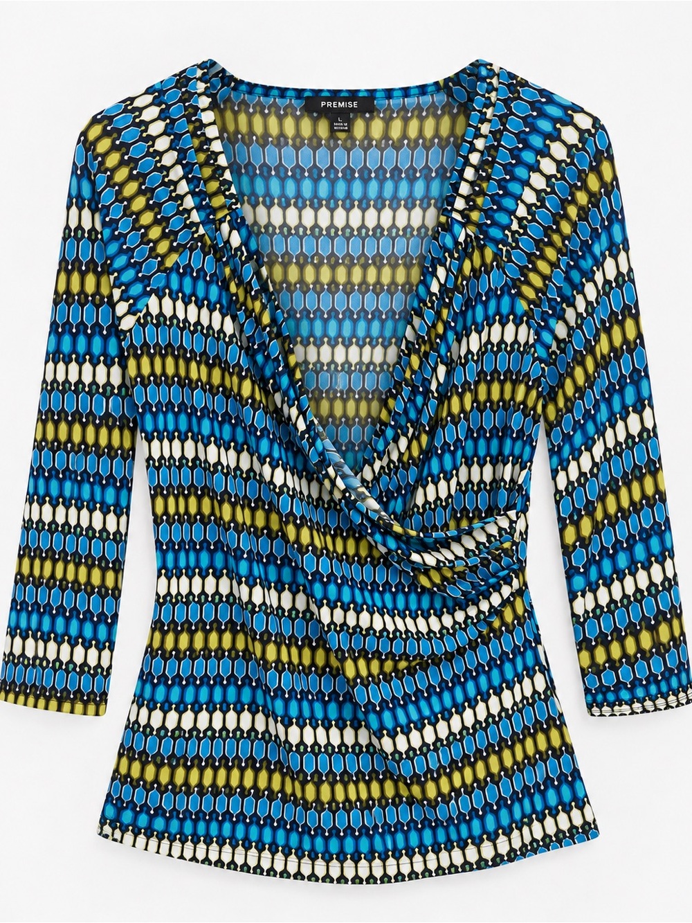 Premise Size L Blue Teal Olive Geometric Faux-Wrap 3/4 Sleeve Top